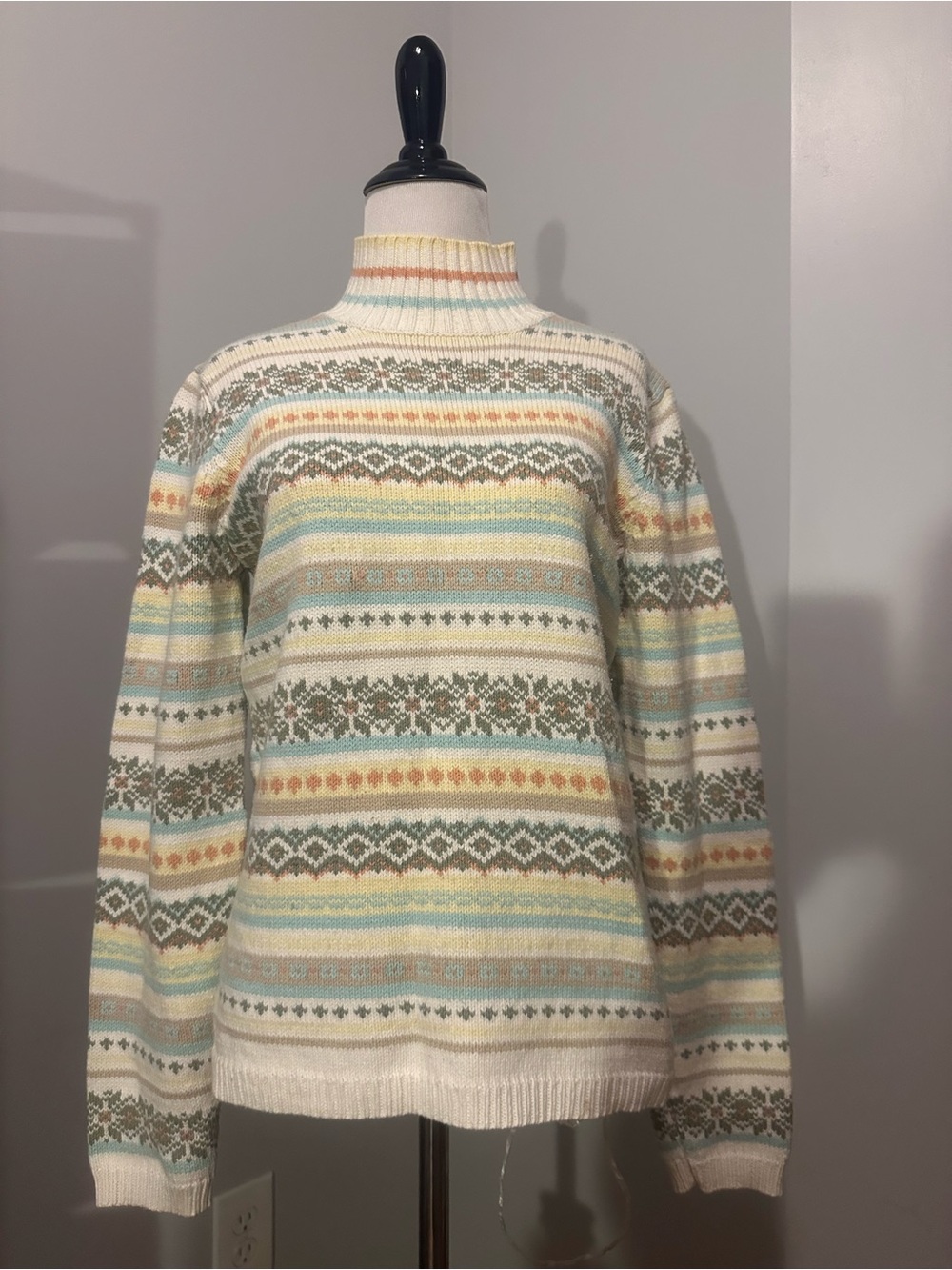 Izod Cream Fair Isle Turtleneck Sweater with Pastel Stripes